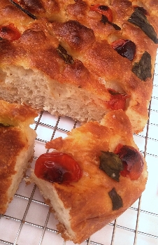 Hands-off basil and cherry tomato focaccia by The Epsom Bakehouse